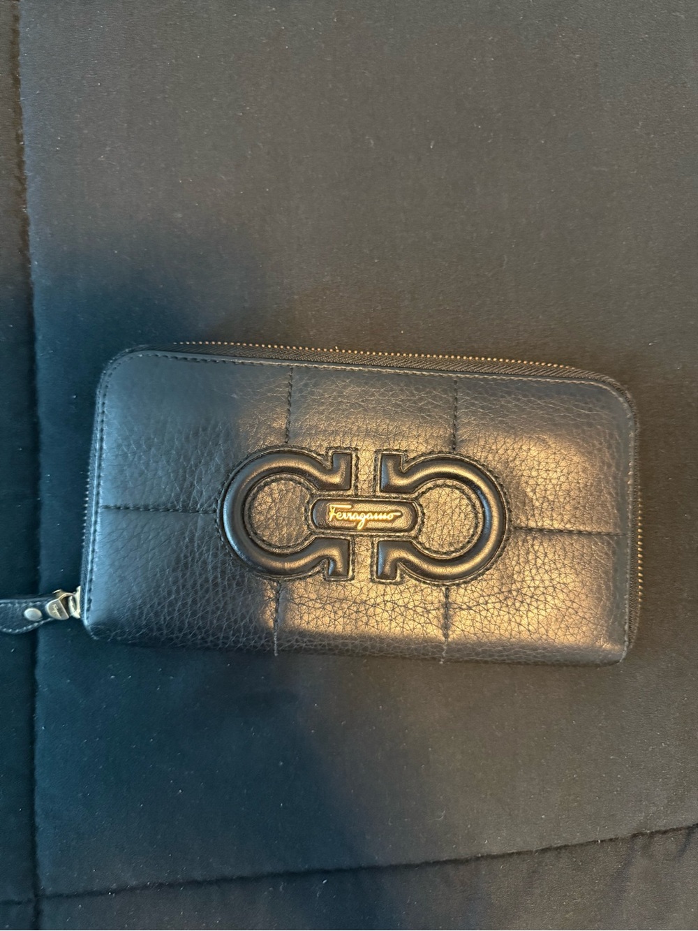 Salvatore Ferragamo Black Quilted Leather Gancini Zip Wallet